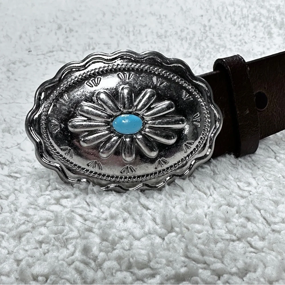 brown leather belt featuring  silver-tone concho buckle turquoise accent stone M